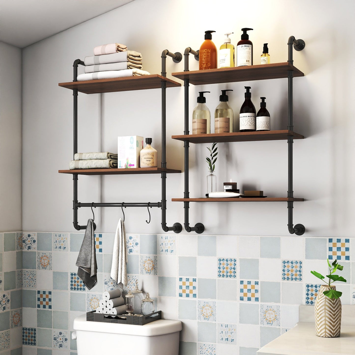 Industrial Pipe Shelf 3-Tier and 2-Tier Wall Mounted Shelves