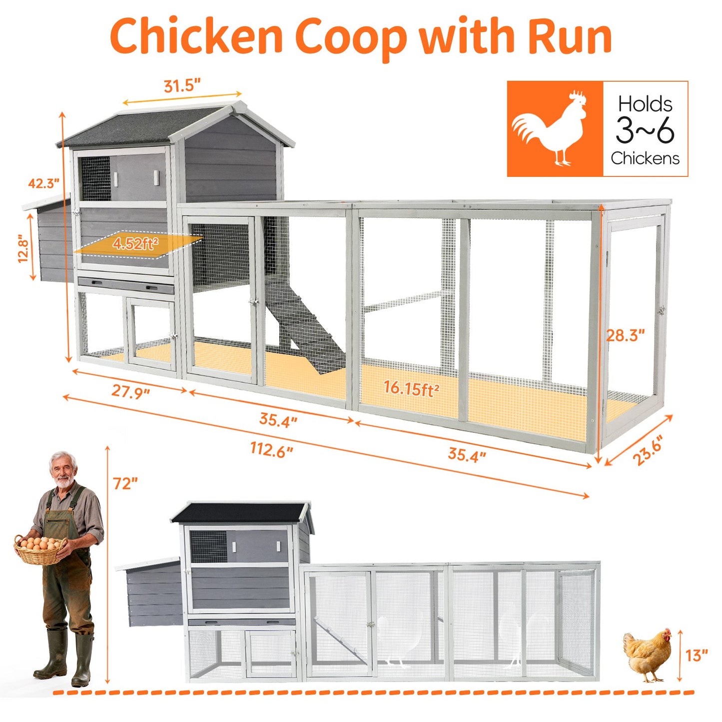 Gray Wooden Chicken Coop with Run and Nesting Box