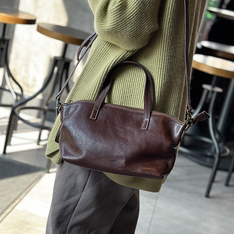 Cowhide Tree-bark Textured Wrinkled Single-shoulder Crossbody Bag
