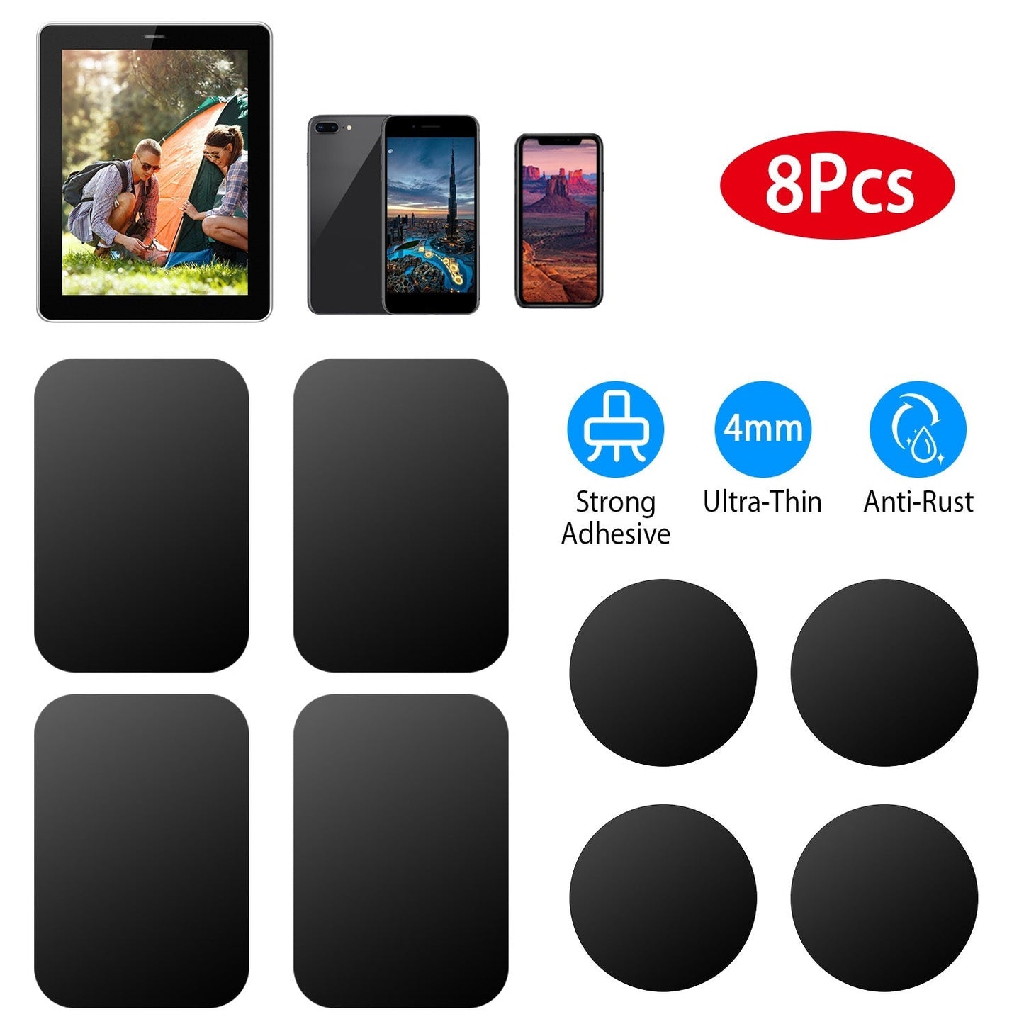 8Pcs UniversalÊMetal Plates with Strong Adhesive 4Pcs Round and 4Pcs Rectangle Metal Plates for Magnetic Car Mount Phone Holder