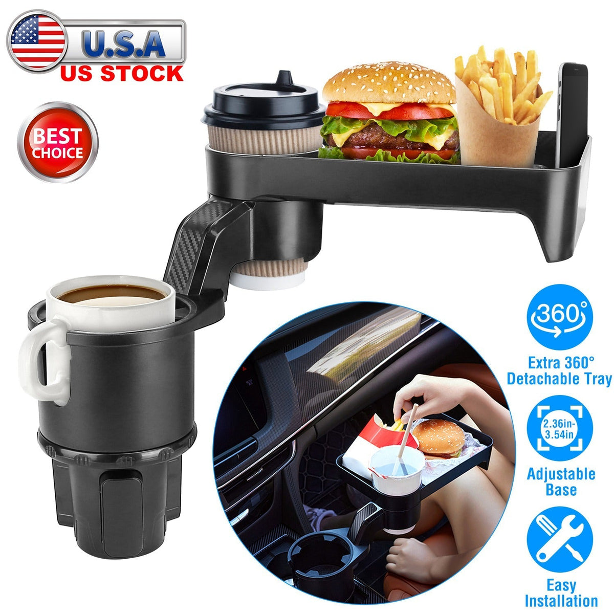Car Cup Holder TrayÊ360¡ Rotating Car Bottle Holder Expander Adapter Multifunctional Water Cup Mount Stand with Detachable Tray