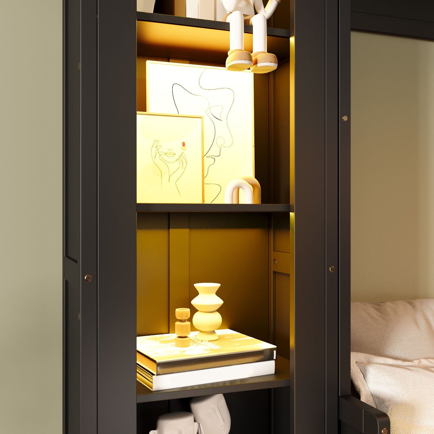 French Style Murphy Platform Bed With Shelf, Side Cabinets, Drawers And LED