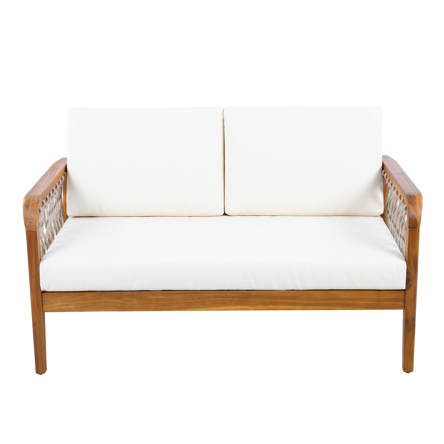 Outdoor Acacia Wood Loveseat & Coffee Table Set with Handwoven Rope, Teak Finish