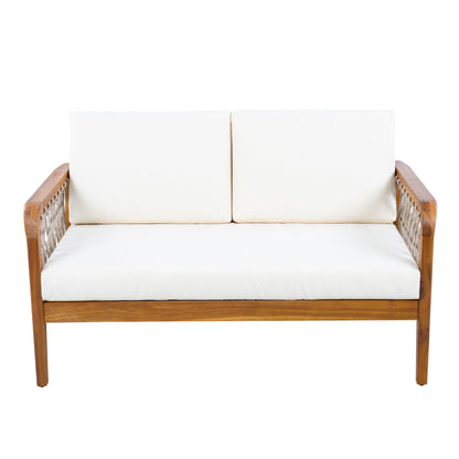 Outdoor Acacia Wood Loveseat & Coffee Table Set with Handwoven Rope, Teak Finish