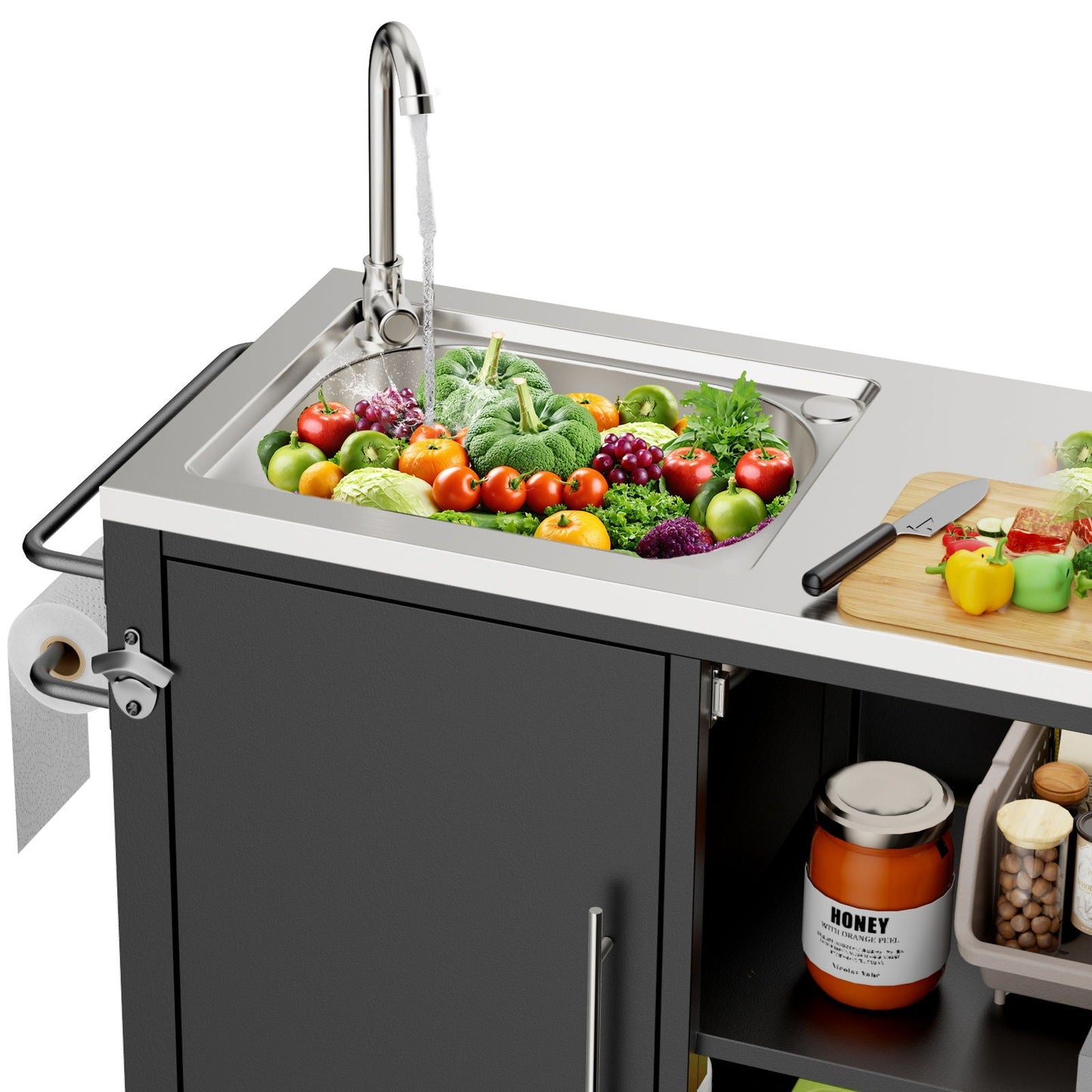 Outdoor Grill Table With Sink, Grill Cart With Sink And Cabinet With Wheels - Black / Silver