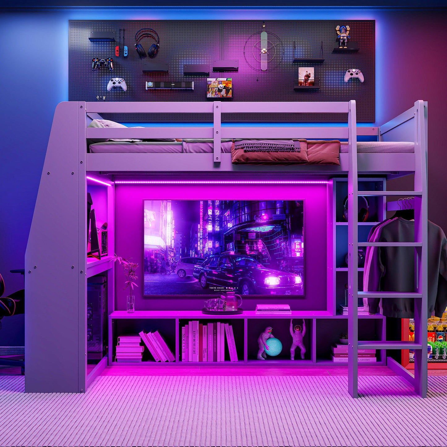 Gaming Loft Bed With Desk, Multi Storage Shelves, LED Lighting, And Hanging Clothes Rack
