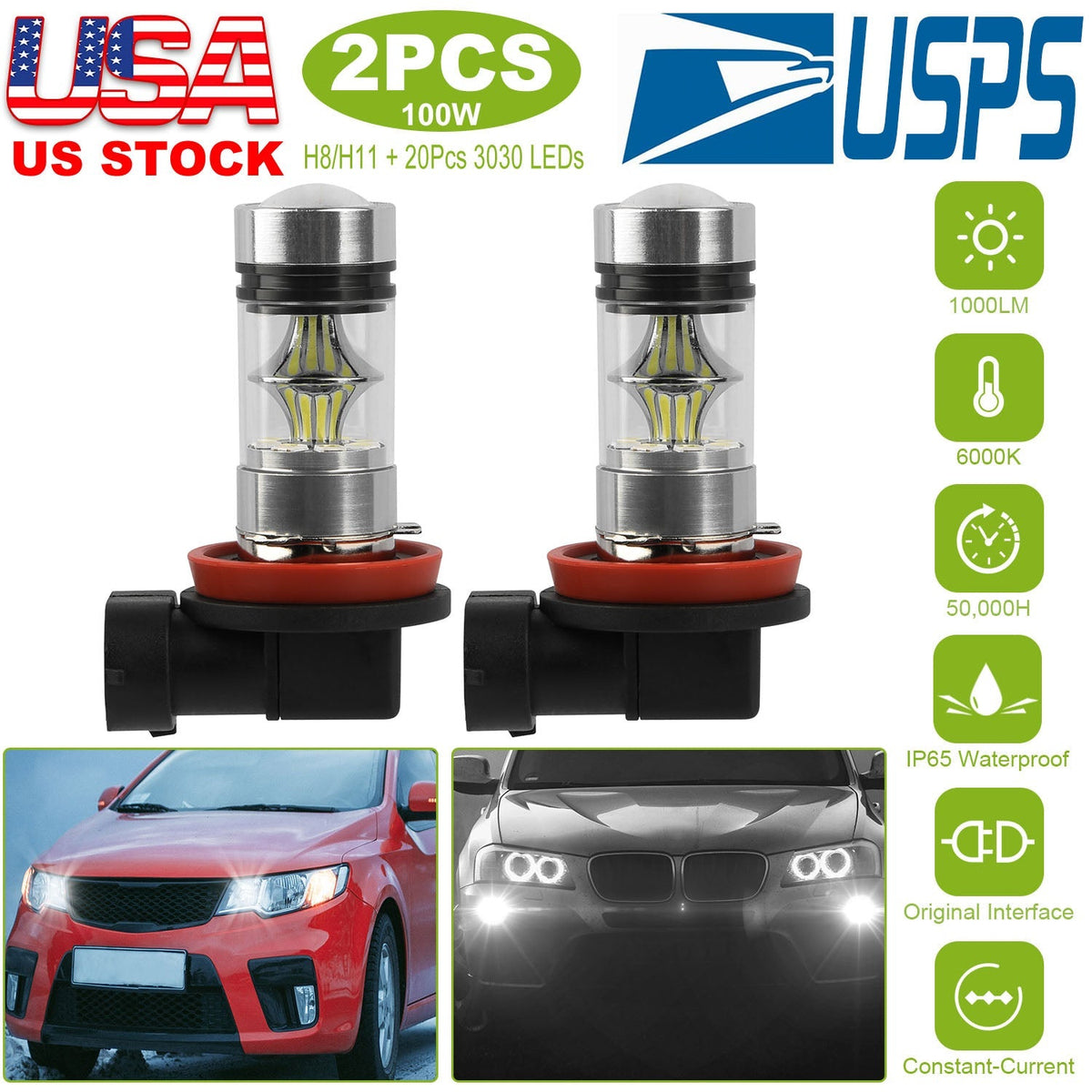 2PCS 1000lm 100W H8/H9/H11 LED Fog DRL Light Bulb IP65 Water-Resistant 360¡ Beam Angle 6000K White