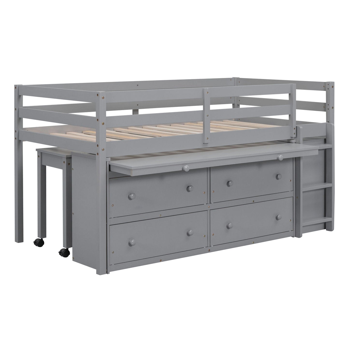 Loft Bed With Retractable Writing Desk And 4 Drawers, With Lateral Portable Desk And Shelves