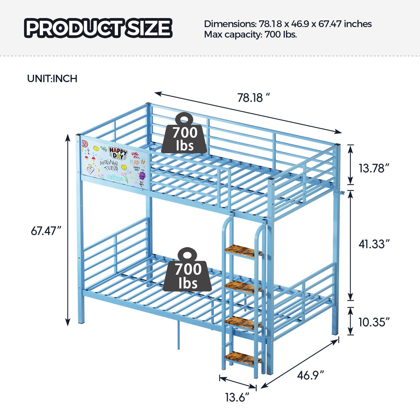 Bunk Bed, Convertible To 2 Separate Twin Size Beds & Full Length Guardrail & Ladder, No Box Spring Needed - Blue