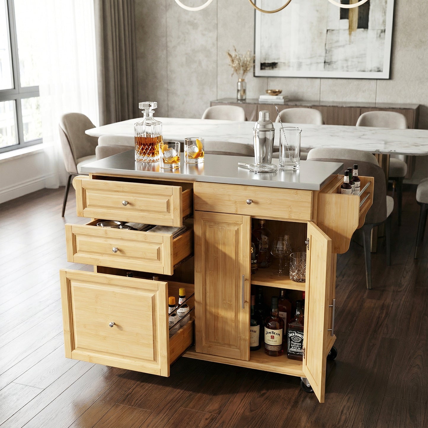 Indoor Bamboo Rolling Kitchen Island with Stainless Steel Top