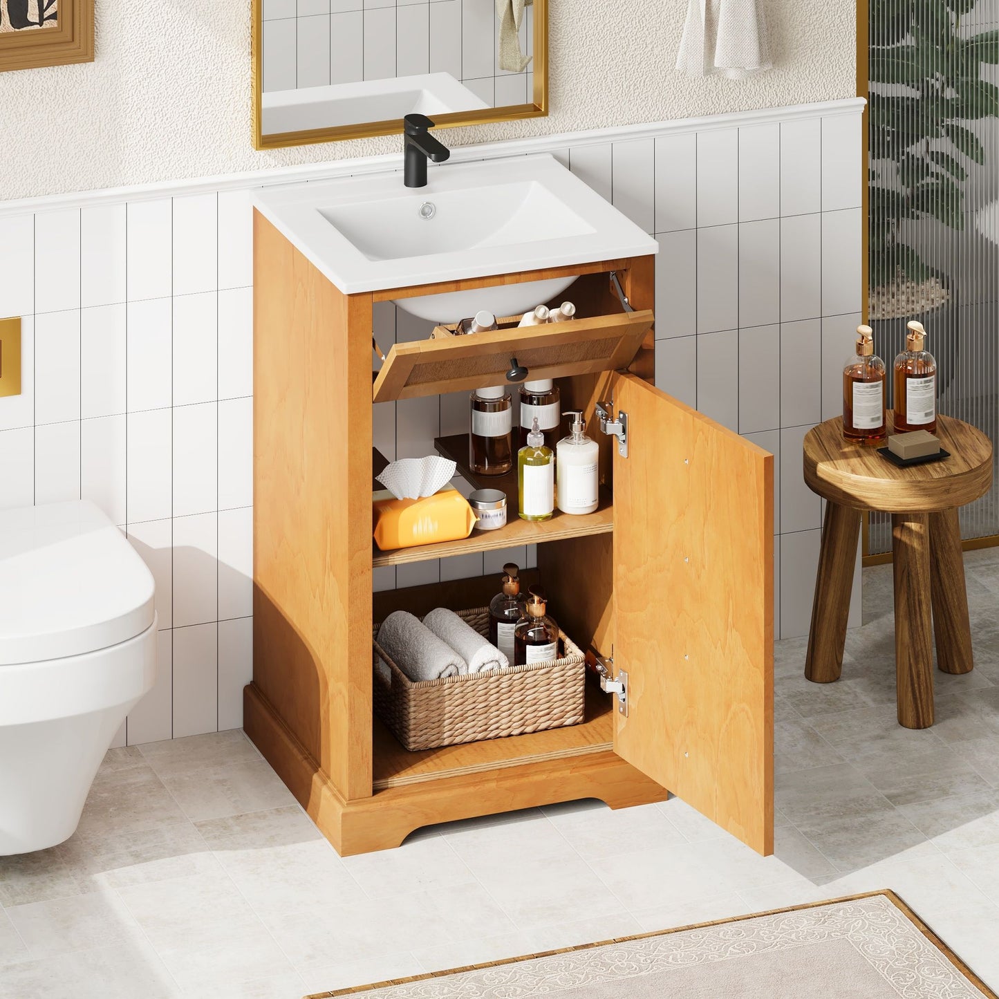 Bathroom Vanity With Integrated Sink, Soft-Closing Door - Natural Wood