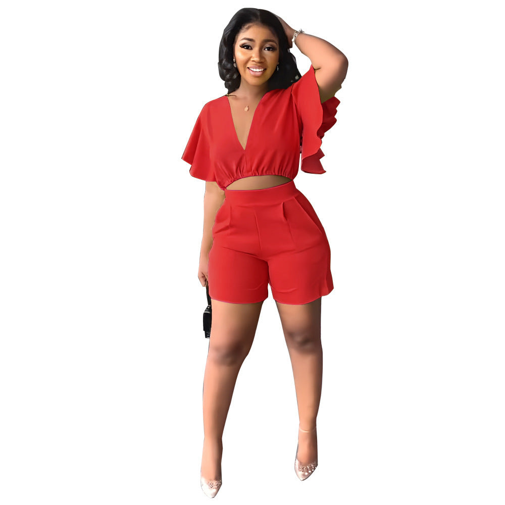 Ruffled Cropped V Neck Top Casual Shorts Summer Two-Piece Set