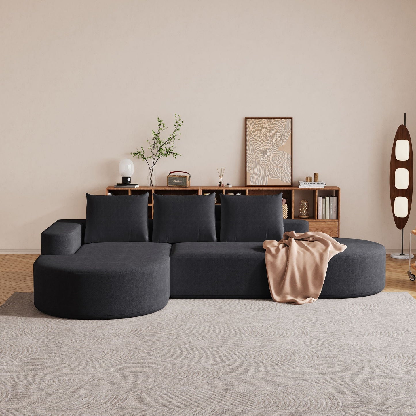 Modern Curved Sofa, L-Shaped Modular Sectional Set With 3 Pillows
