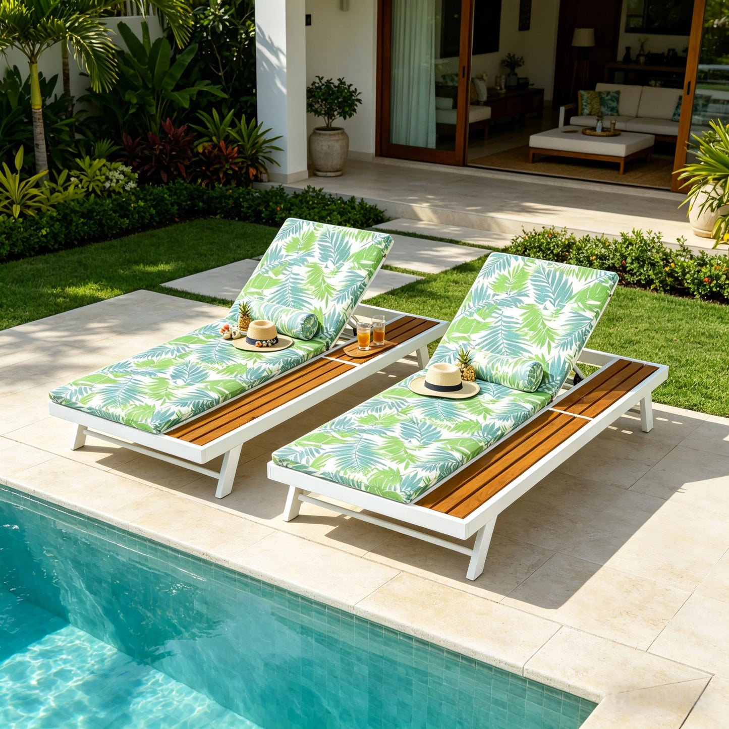 White Iron and Teak Finish Outdoor Chaise Lounge Set