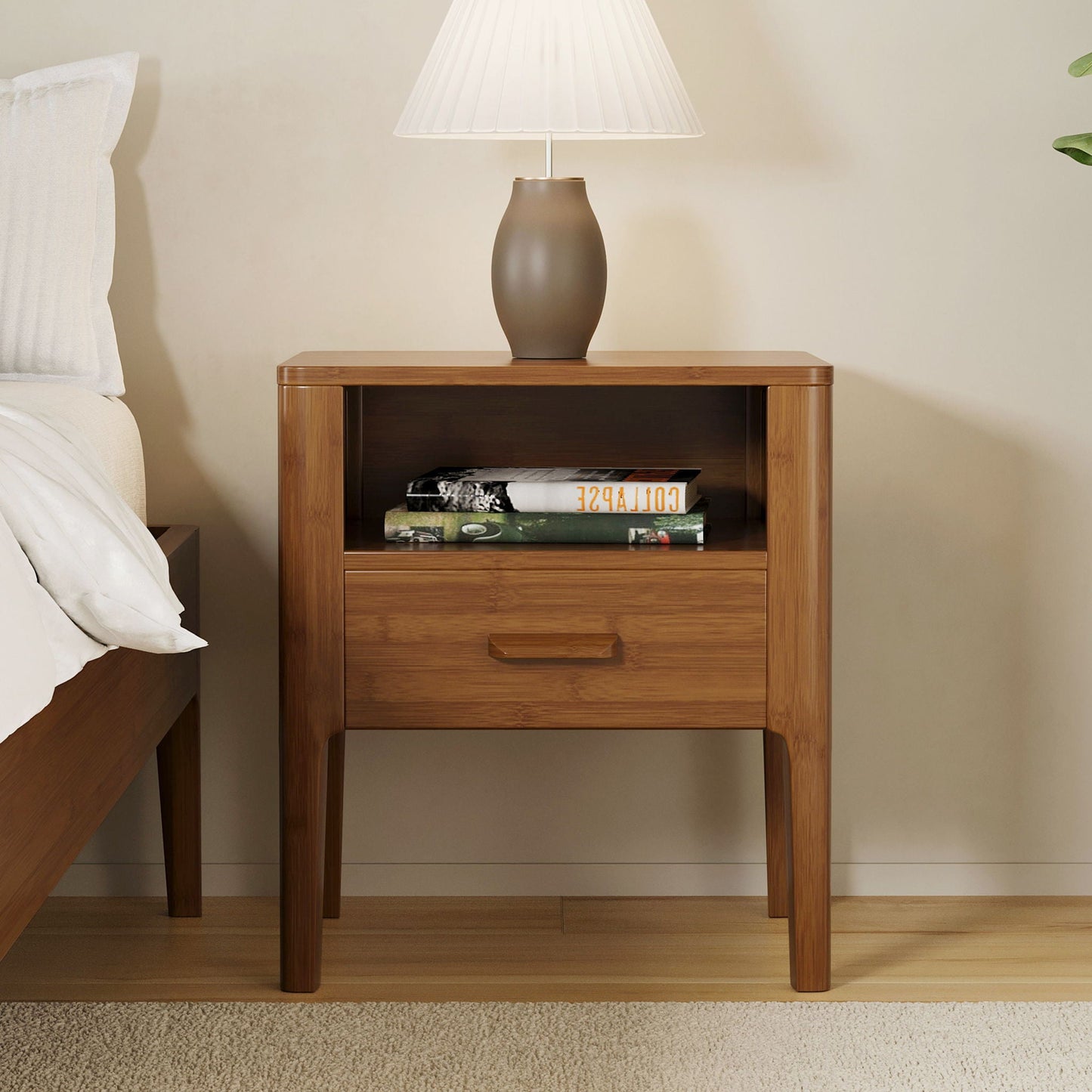 Nightstand With Drawer And Open Shelf - Brown