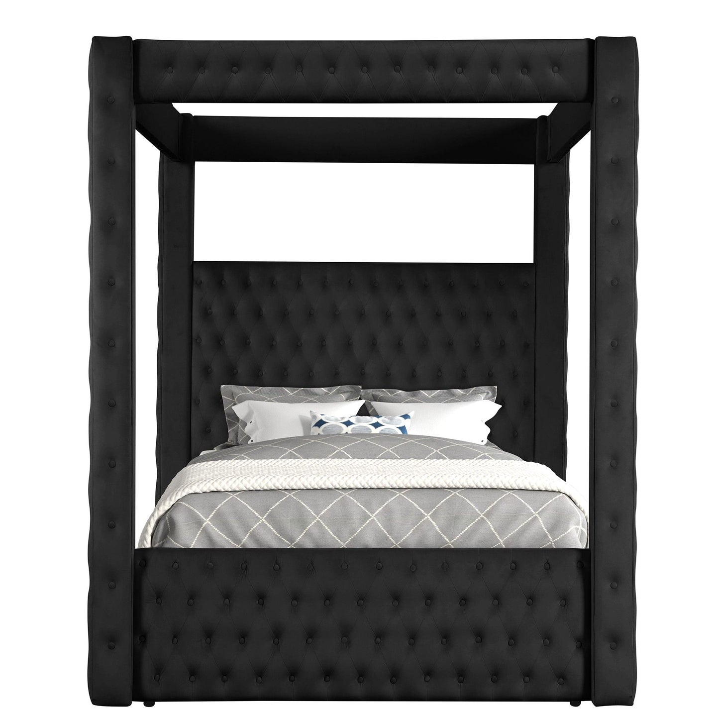 Modern 4 Poster Bed With Tufted Headboard And Footboard