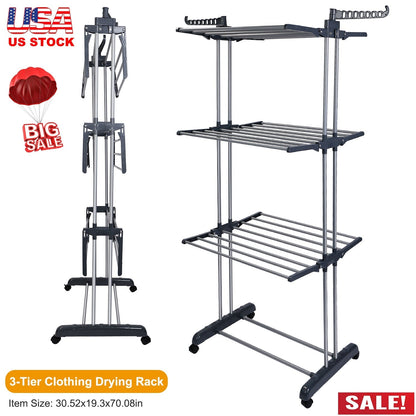 Clothes Drying Rack Rolling Collapsible Laundry Dryer Hanger Stand Rail Shelve_x000B__x000B_Wardrobe Clothing Drying Racks w/ Dual Side Wings