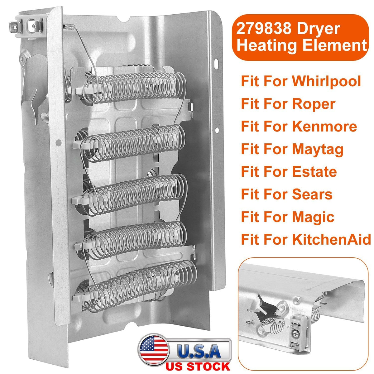 279838 Dryer Heating Element Assembly Replacement Part Thermal Fuse Replacement Fit For Whirlpool Kenmore Clothes Dryers Replace 3398064/3403585/85655