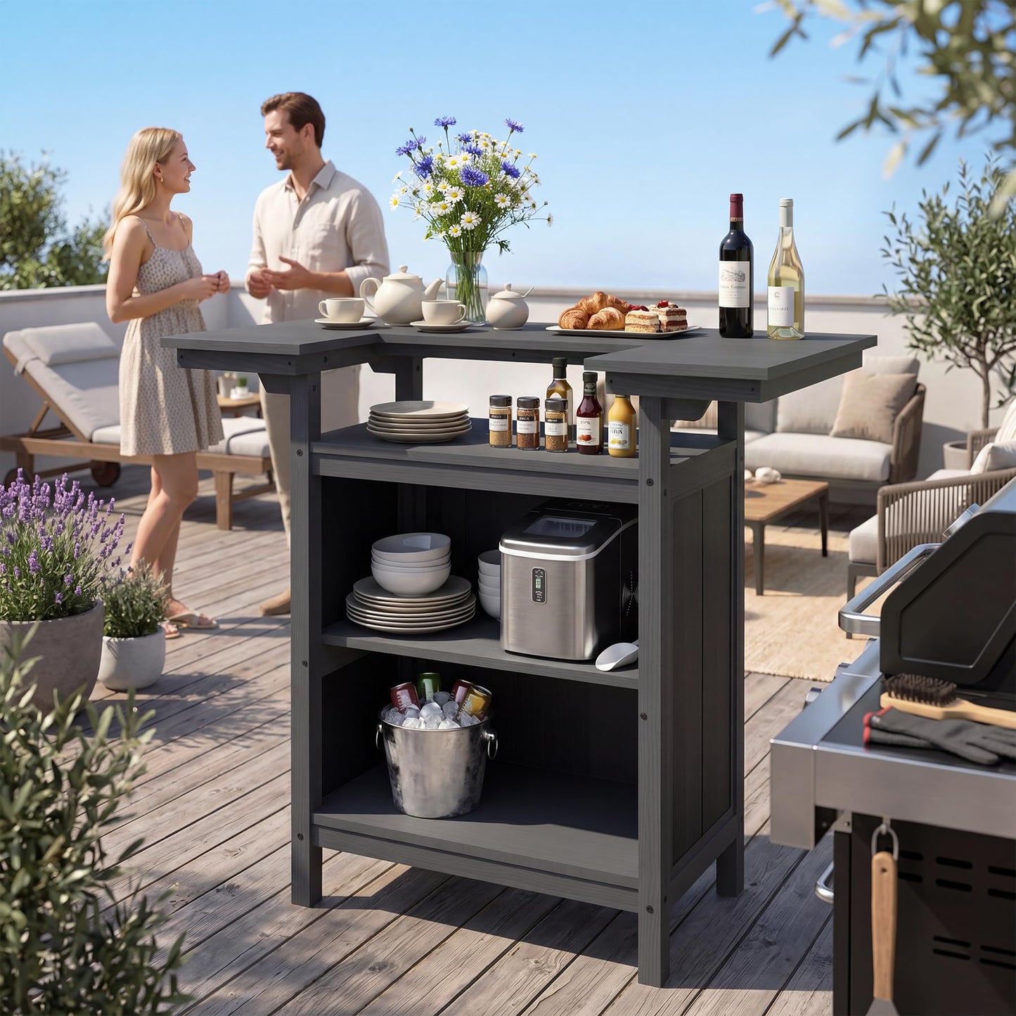 Outdoor Bar Patio Kitchen Island with HDPE & Aluminum Frame
