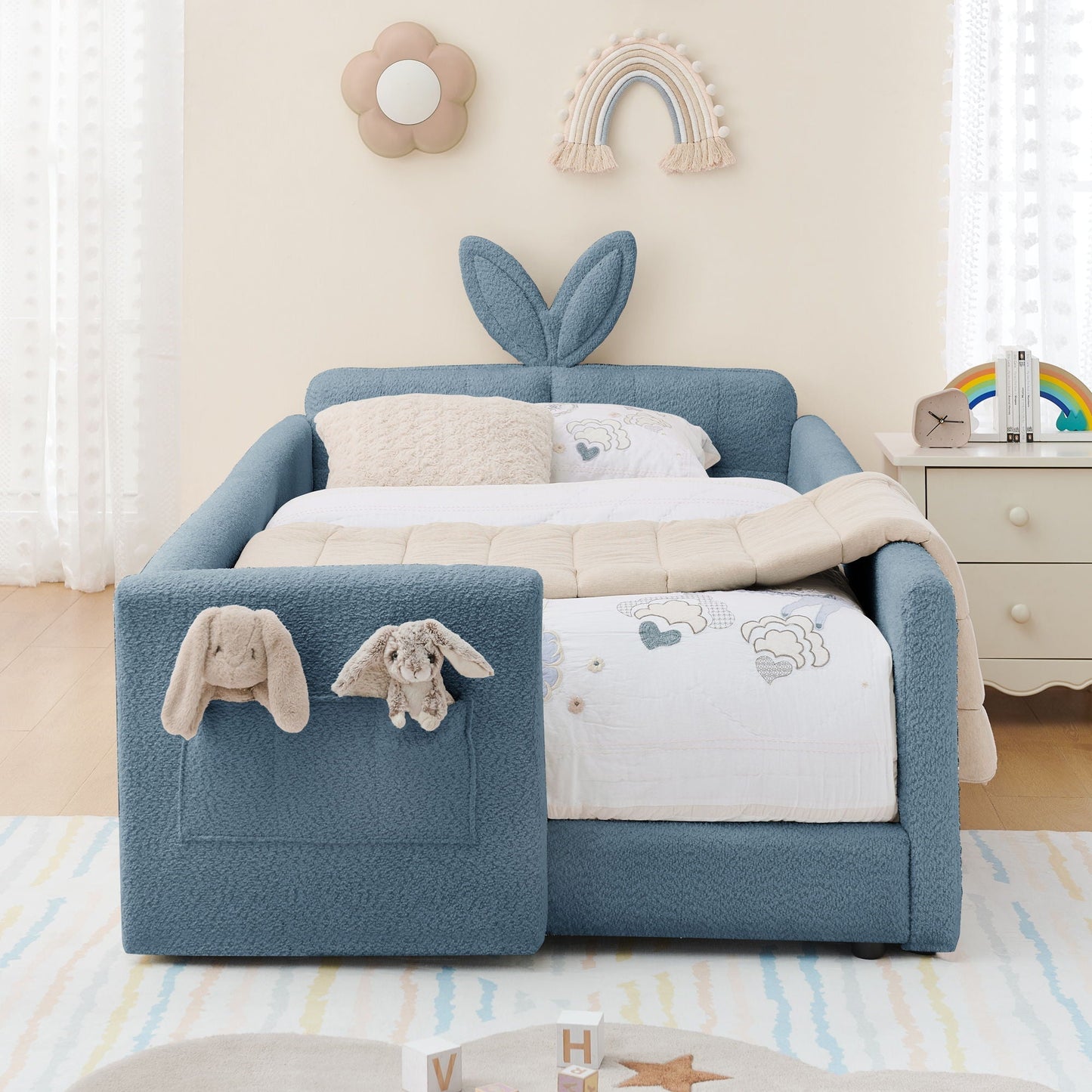 Cute Rabbit Ear Upholstered Platform Bed Frame With Safety Rail