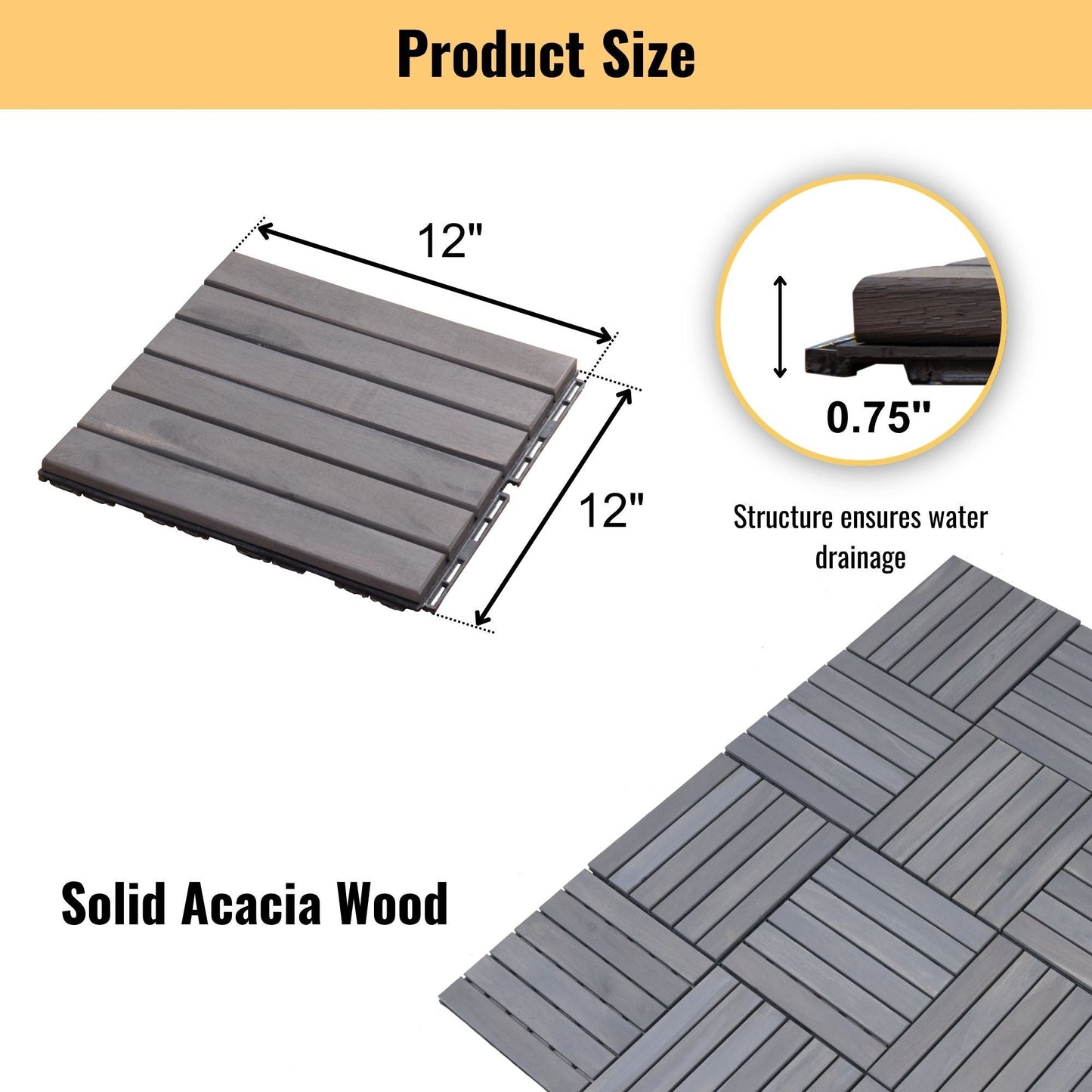 Interlocking Deck Tiles Striped Pattern Waterproof Brown