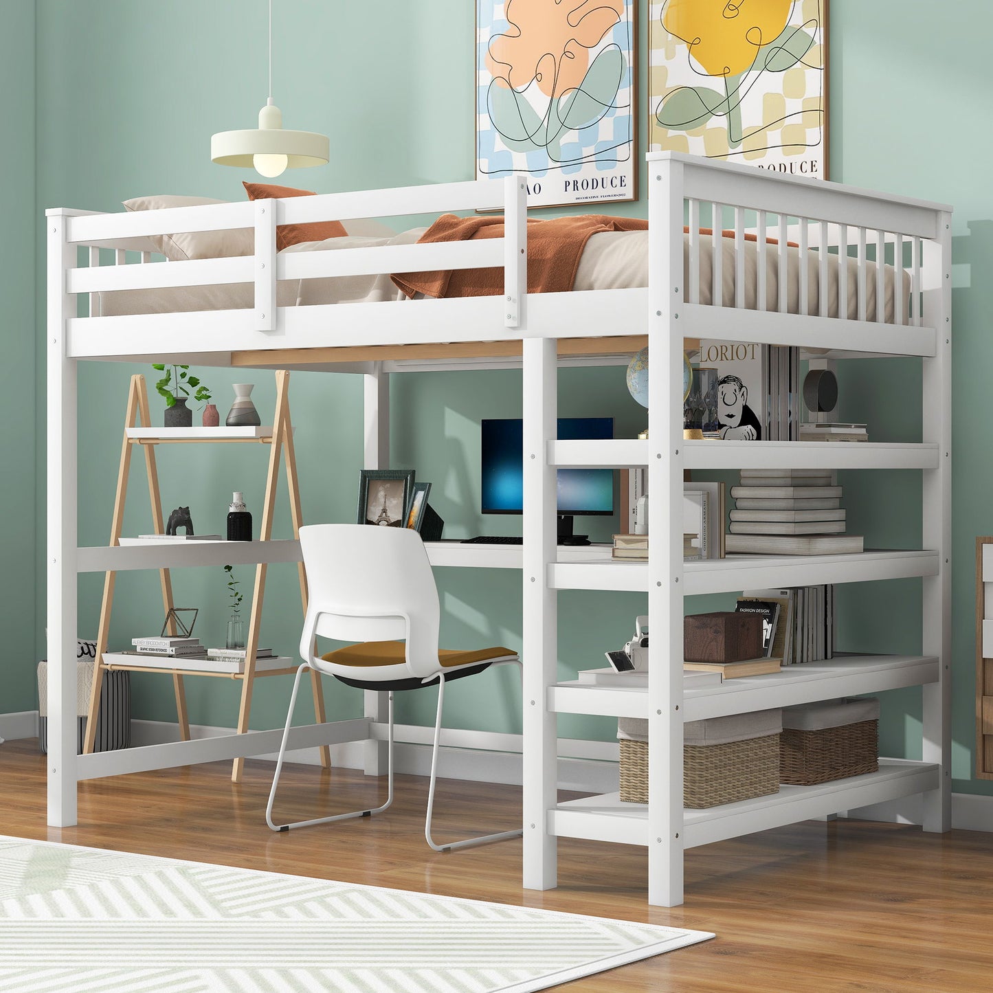 Loft Bed With Storage Shelves And Under Bed Desk