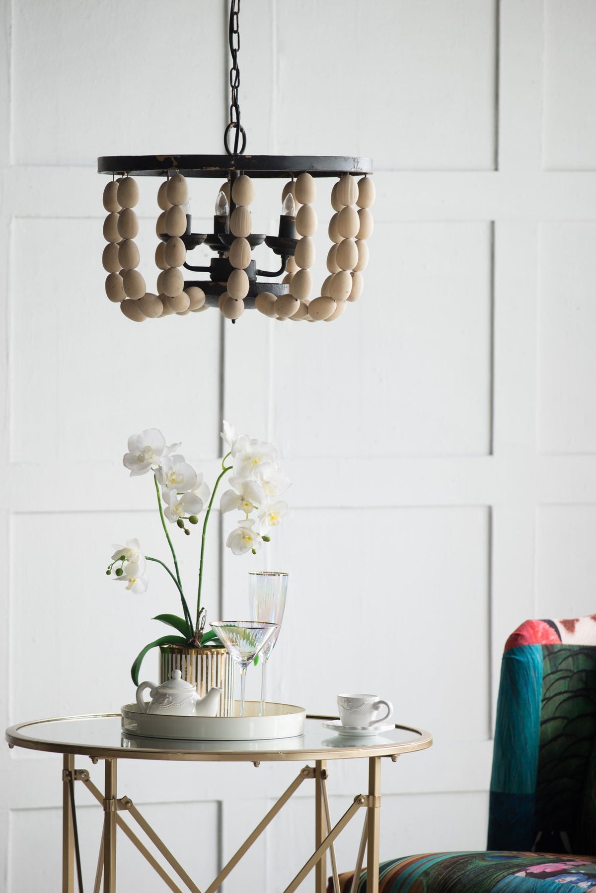 4 Light Wood Chandelier, Hanging Light Fixture With Adjustable Chain For Kitchen, Bulb Not Included - Cream