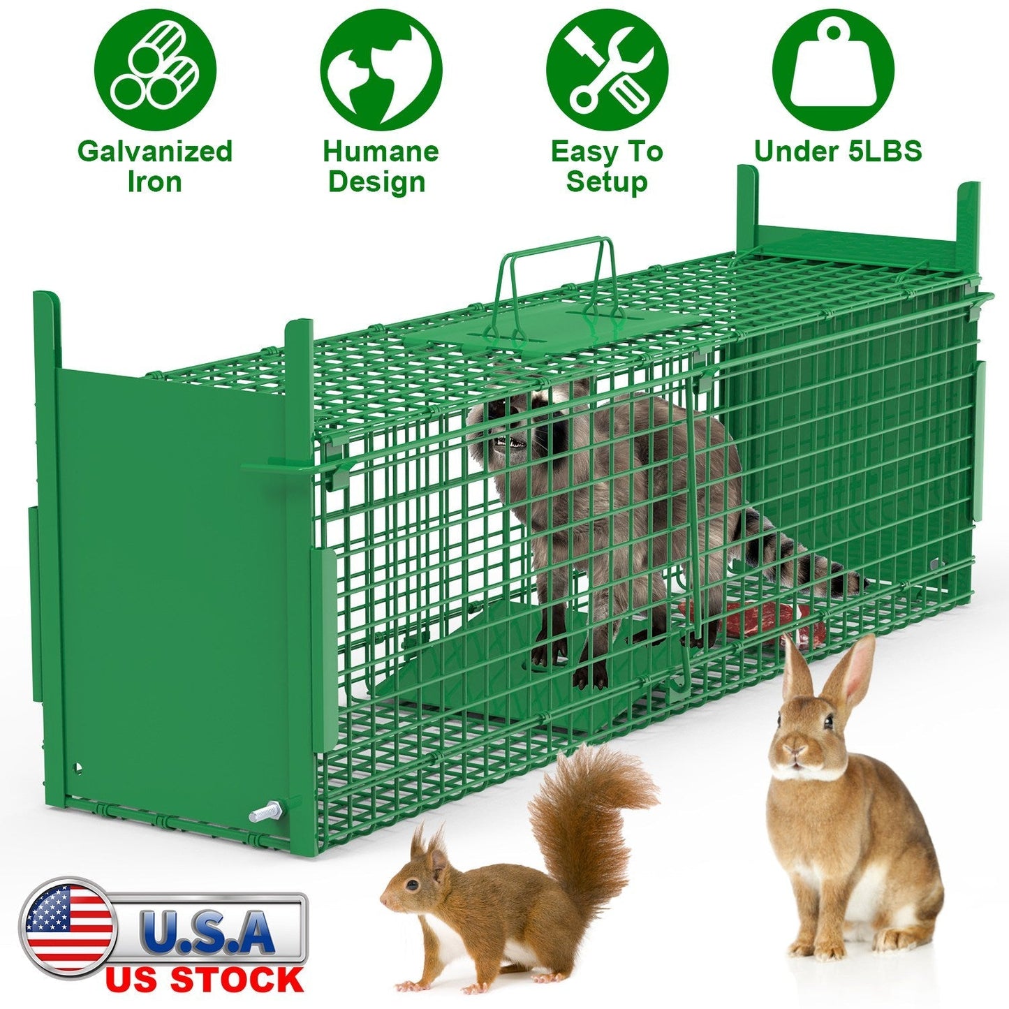 38in 2 Door Live Animal Cage Trap For Animals Under 18LBS Easy To Setup Humane Galvanized Iron Trap Cage For Raccoons Armadillos Groundhogs Muskrats O