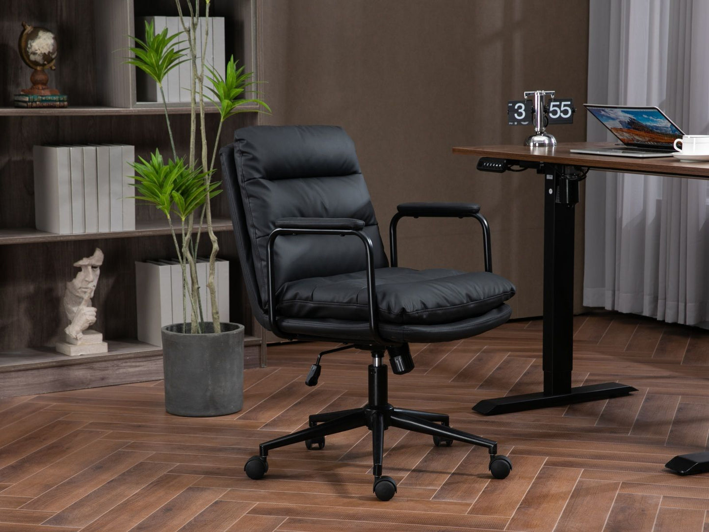 Office Chair, Mid Back Home Office Desk Task Chair With Wheels And Arms Ergonomic Computer Rolling Swivel Chair With Padded Armrest