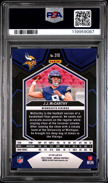 Graded 2024 Panini Mosaic JJ McCarthy #310 Reactive Yellow Rookie RC Football Card PSA 9 Mint