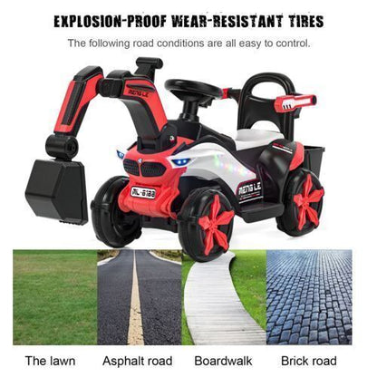 6V Battery-Powered Kids Excavator Tractor with LED Headlight, Helmet, and Rear Box