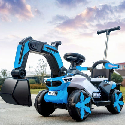 6v Electric Excavator Toy Car with Bluetooth, Helmet, and Rear Features for Kids