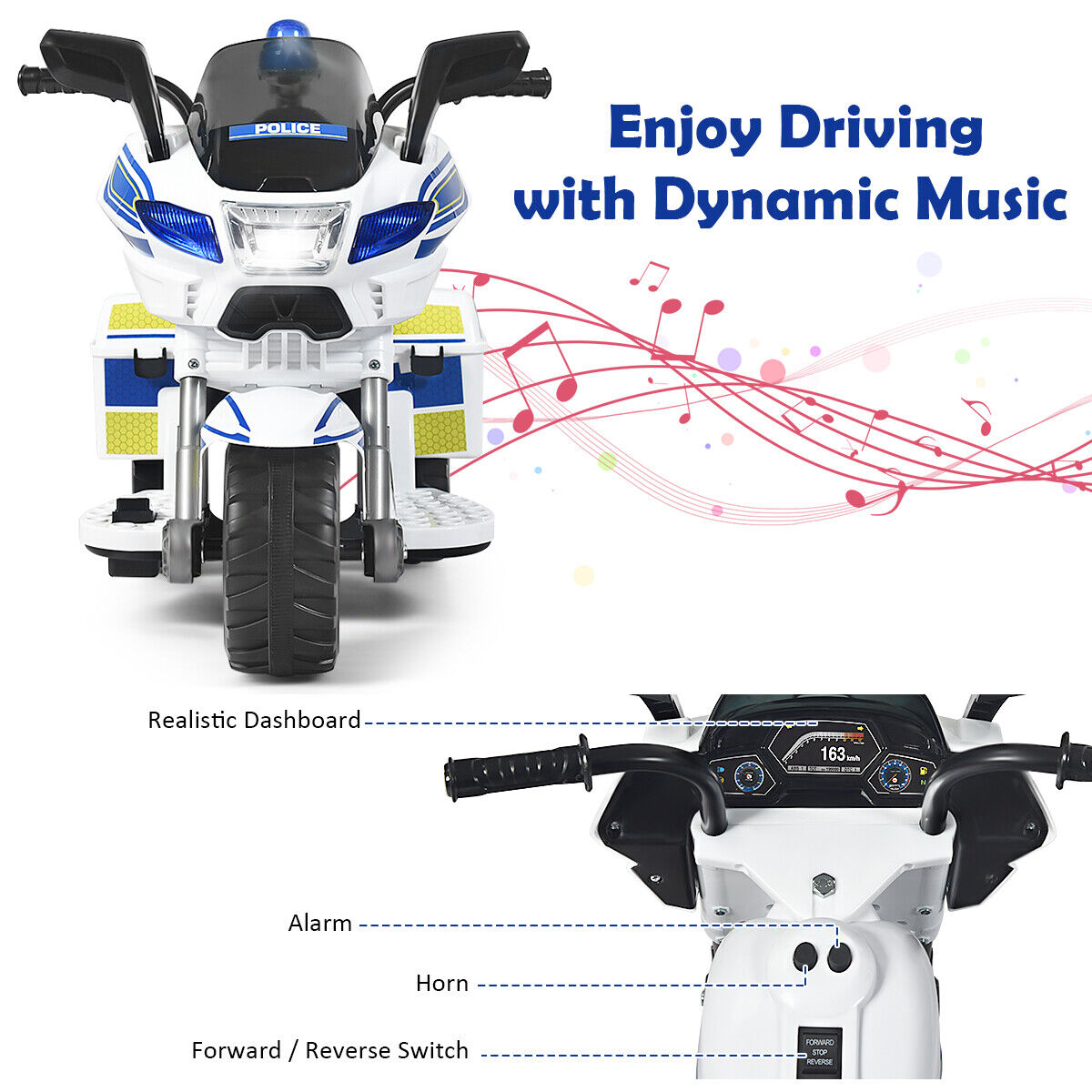 6V Kids Police Motorcycle Trike with Flashing Siren & Headlight - 3-Wheel Fun for Little Officers!