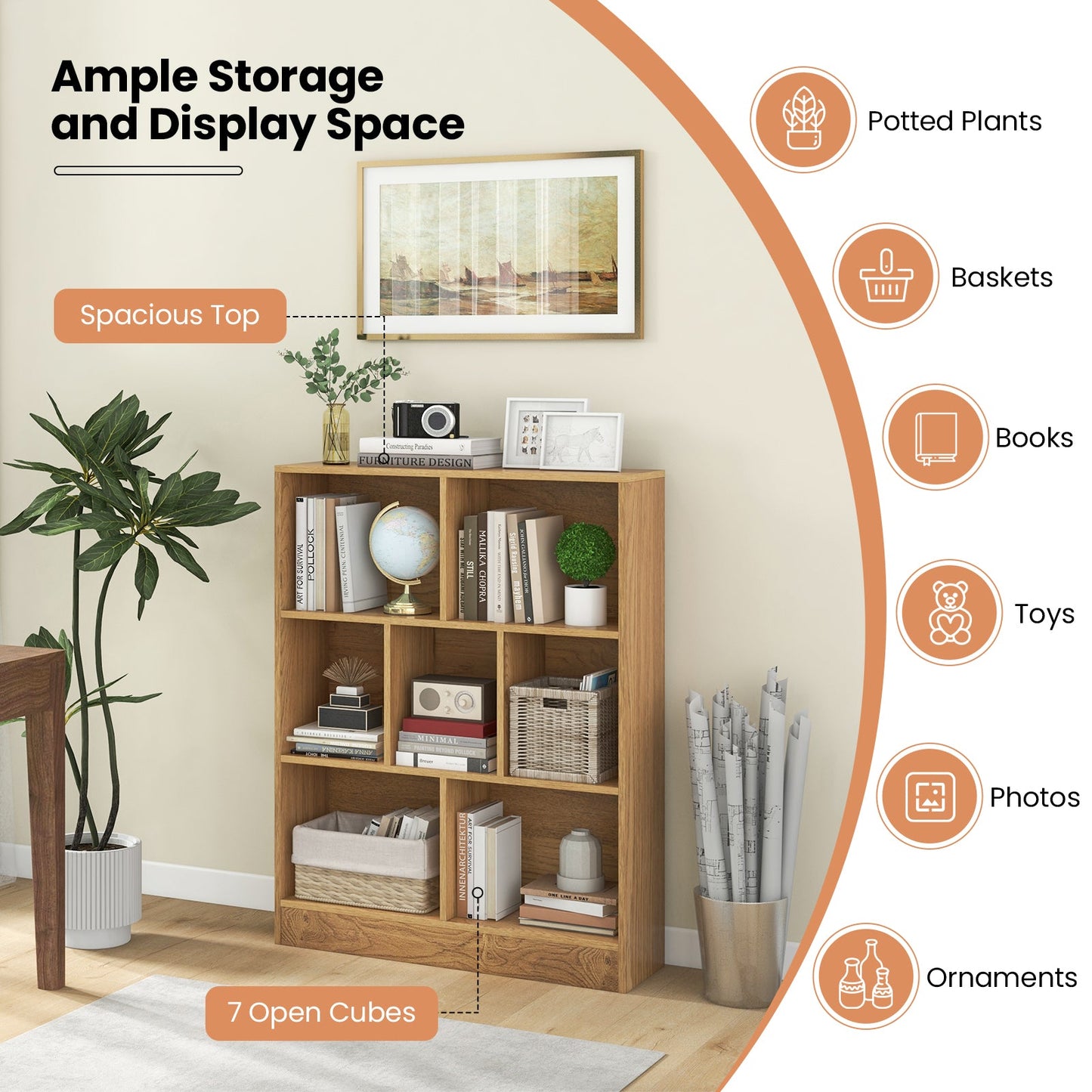 7-Section Freestanding Bookshelf for Kids Room Classroom Daycare Nursery-Natural