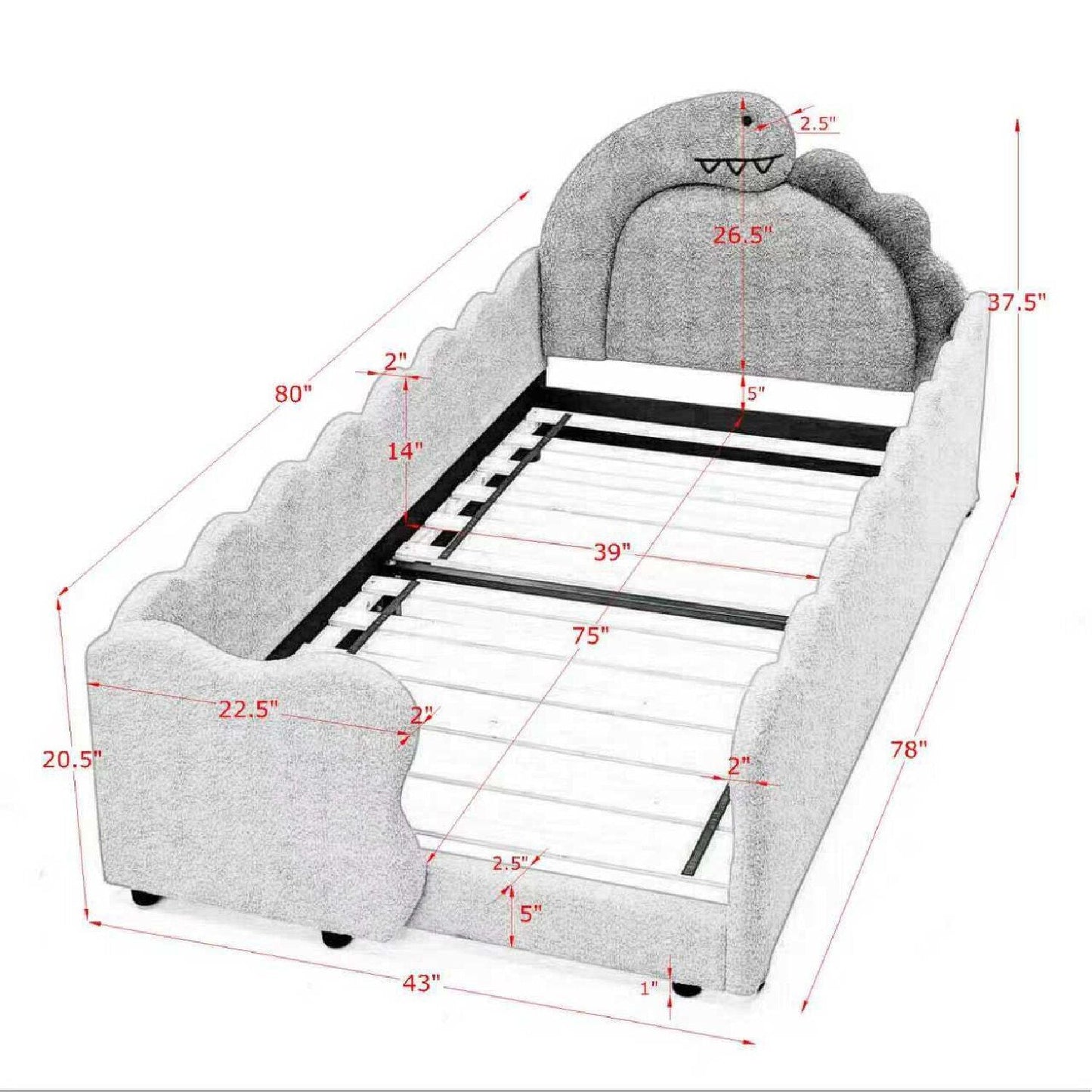 Cute Dinosaur Shaped Bed With Safety Guardrail, Toddler Frame