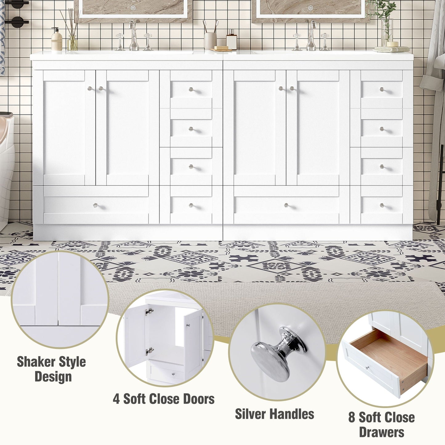 Shaker Free Standing Bathroom Vanity Cabinet & Sink, Soft Close Drawers, Soft Close Doors