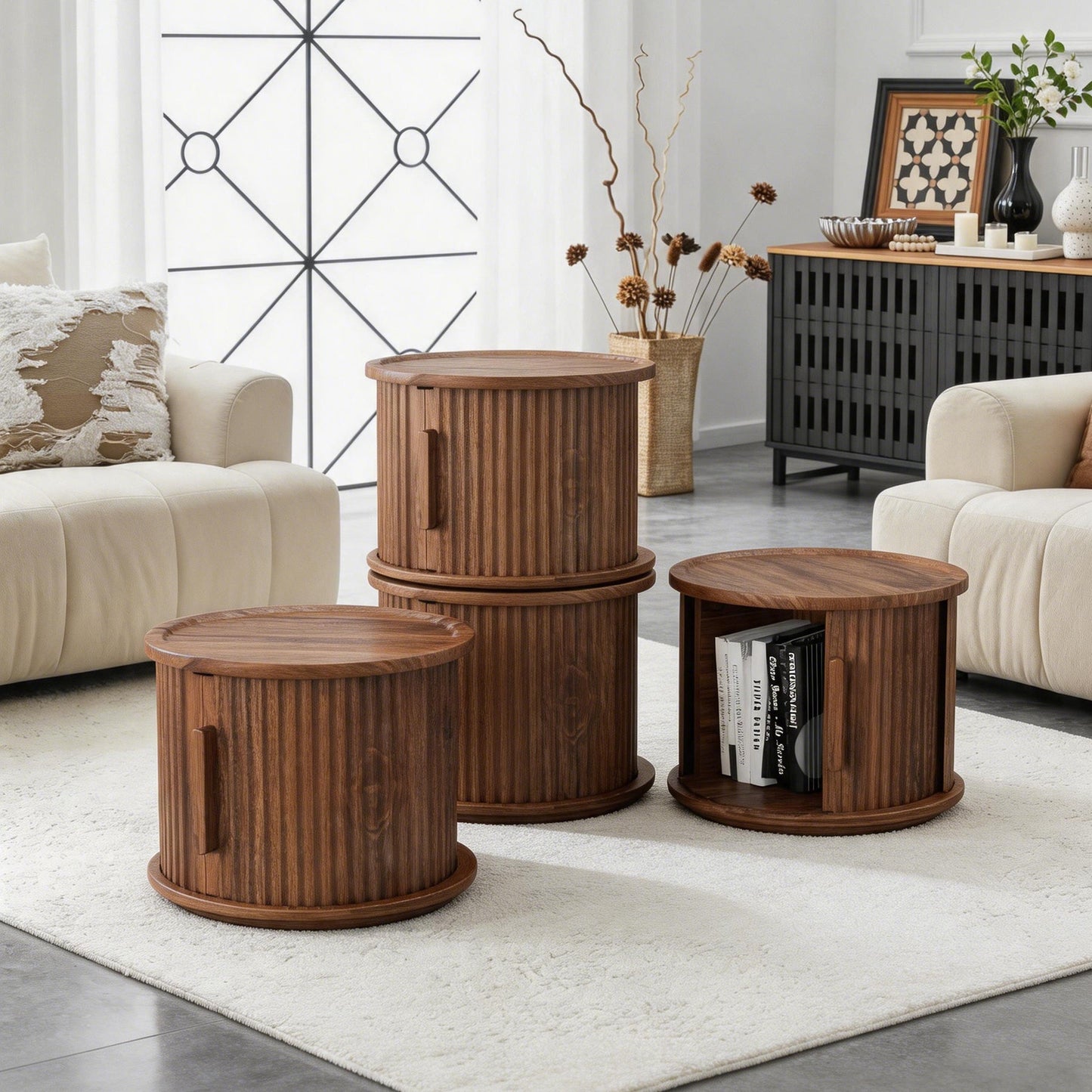 4-Piece Round Coffee Table Set with Sliding Door Storage