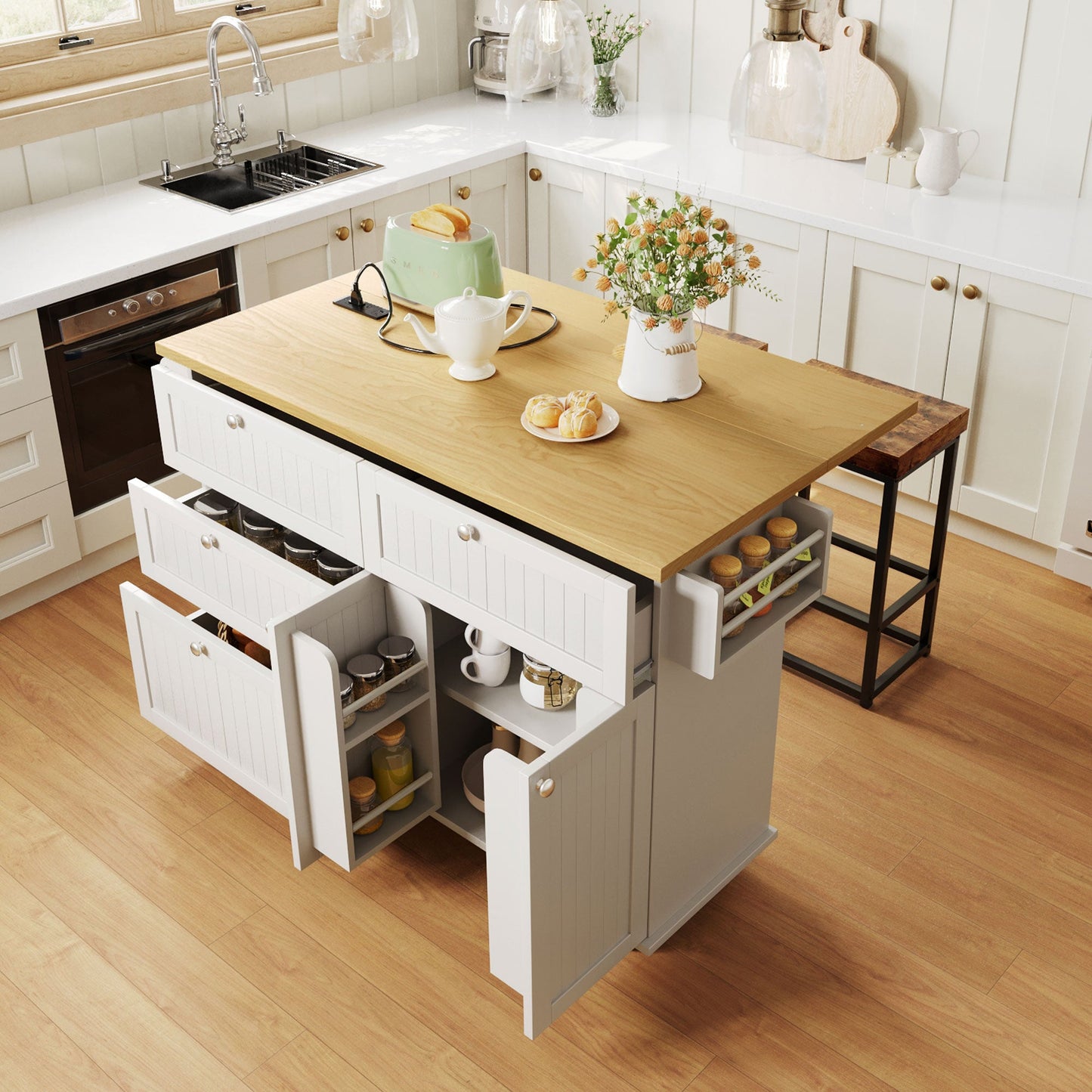 TOPMAX Farmhouse Kitchen Island with Drop Leaf and 2 Seatings