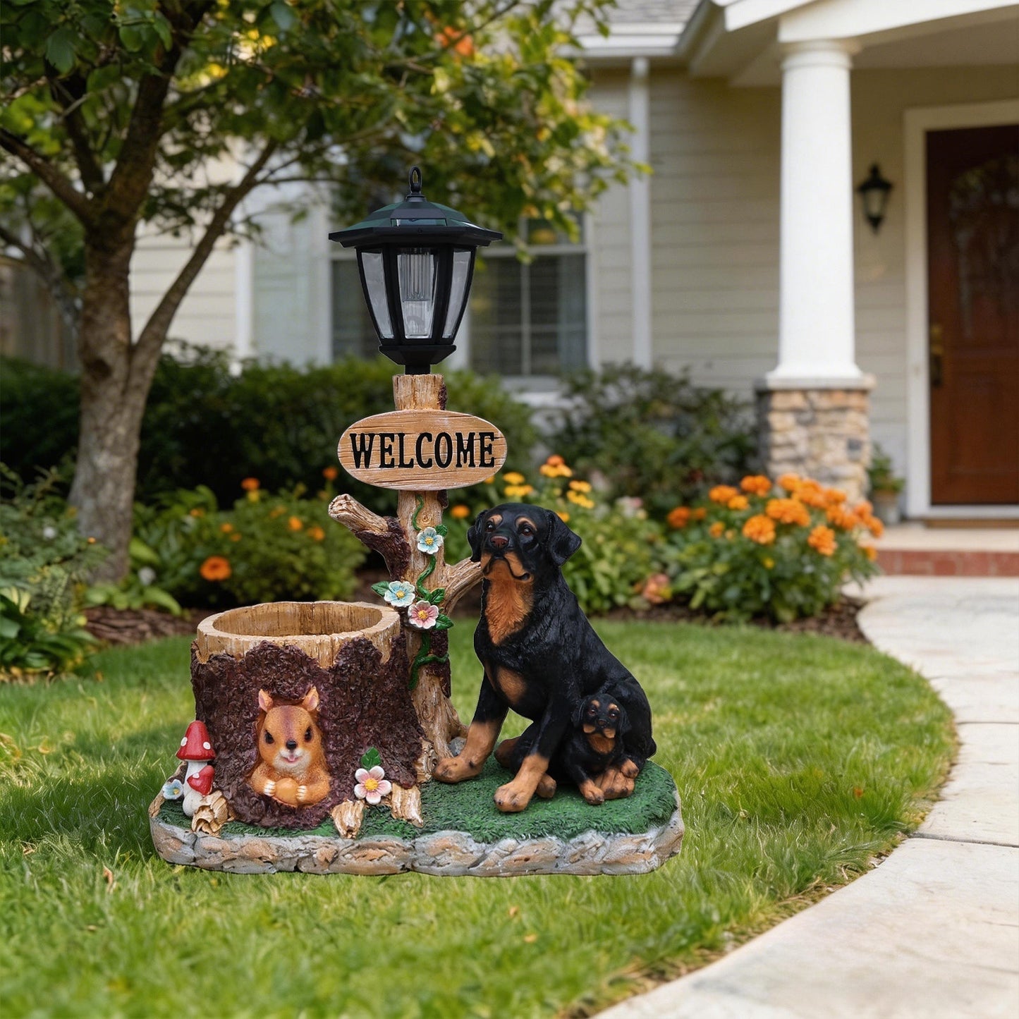 Rottweiler Dog Family Planter Statue