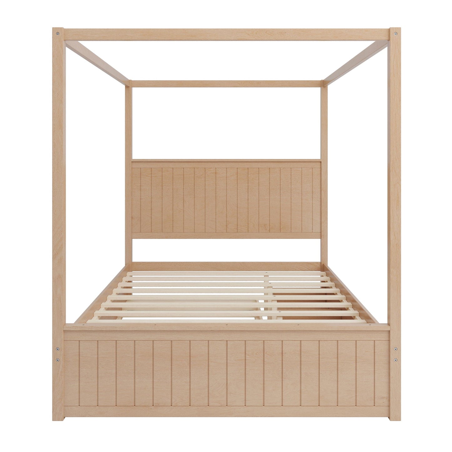 Queen Size Canopy Platform Bed With Trundle And 3 Storage Drawers, 4 Post, No Box Spring Needed - Natural