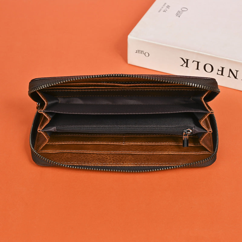 Genuine Leather Long Wallet Fashionable Zipper Clutch Bag Printed Hand-Painted Handbag