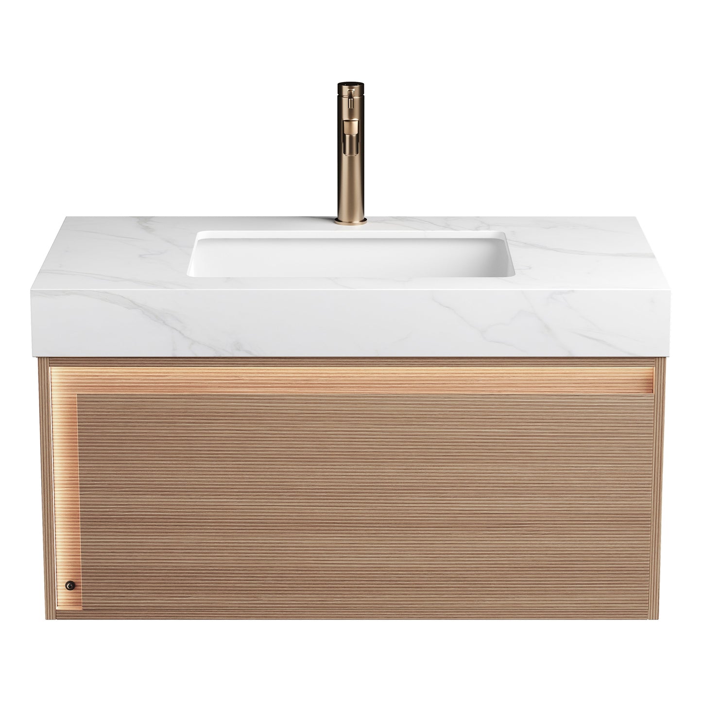 Nyah 36'' Bathroom Vanity & Sink, Floating Ultra-Slim Grille Plywood Cabinet, Drawer with Sensor Light, Carrara