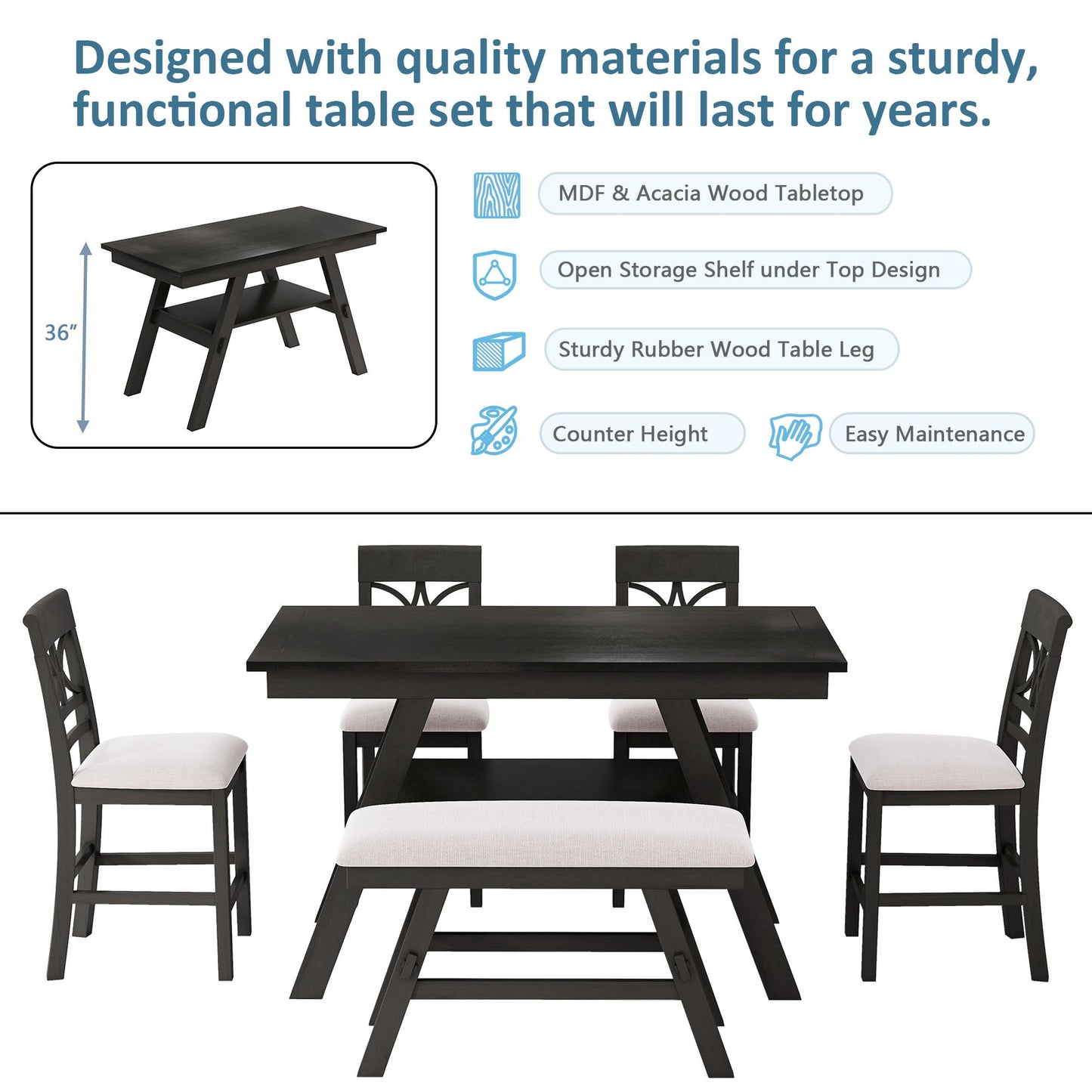 TOPMAX 6-Piece Wood Counter Height Dining Table Set with Storage Shelf