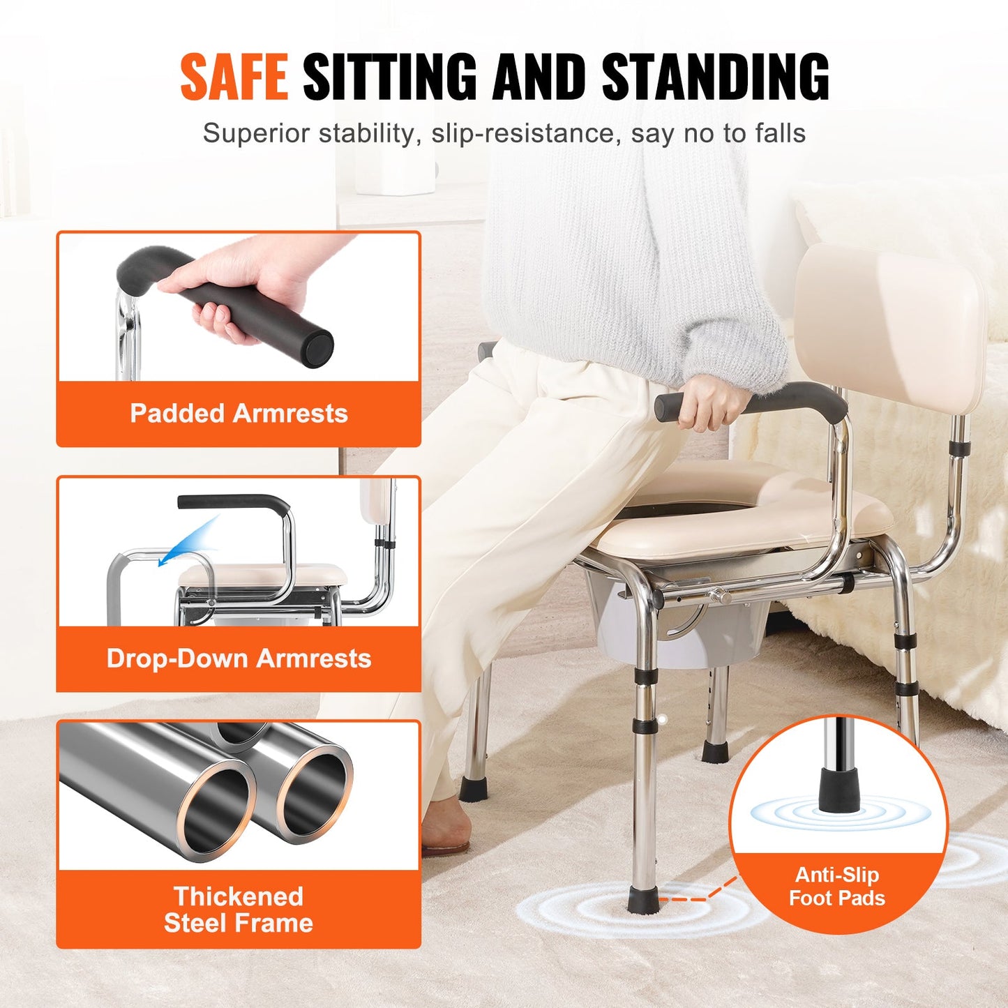 Commode Chair with Padded Seat and Adjustable Height