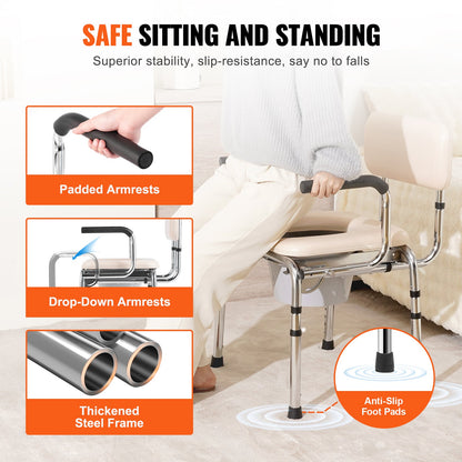 Commode Chair with Padded Seat and Adjustable Height