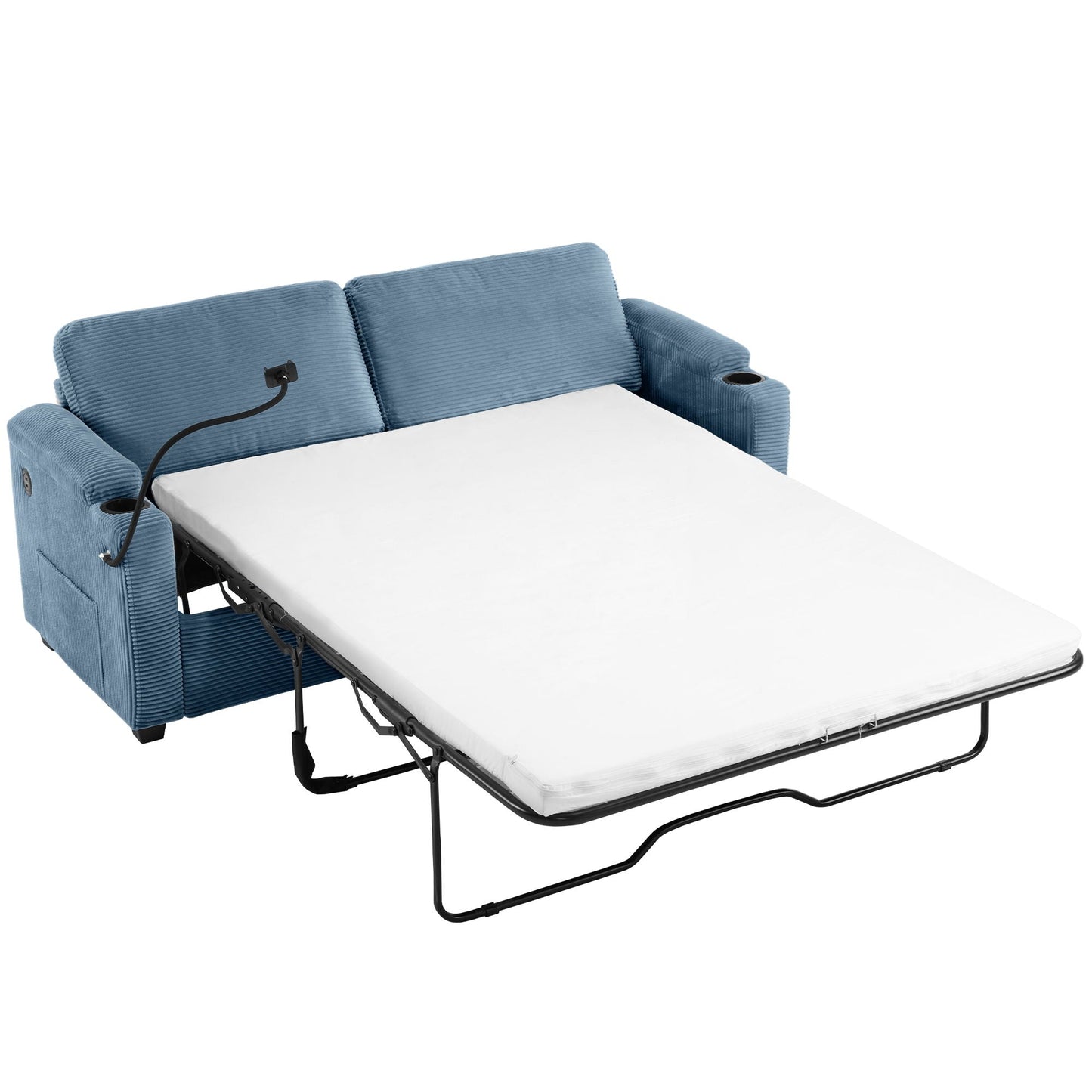 Sleeper Sofa Loveseat Sofa With Full Size Mattress, 2 USB Ports, 2 Cup Holders, 2 Side Pockets And Phone Holder