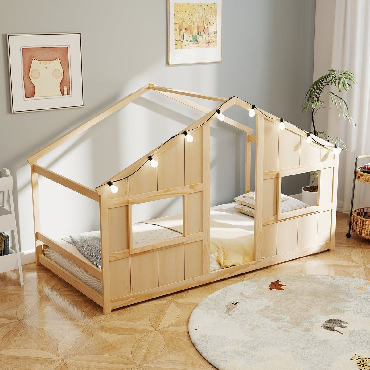 Twin Size House Bed with LED Lights Montessori Slat-free Floor Bed
