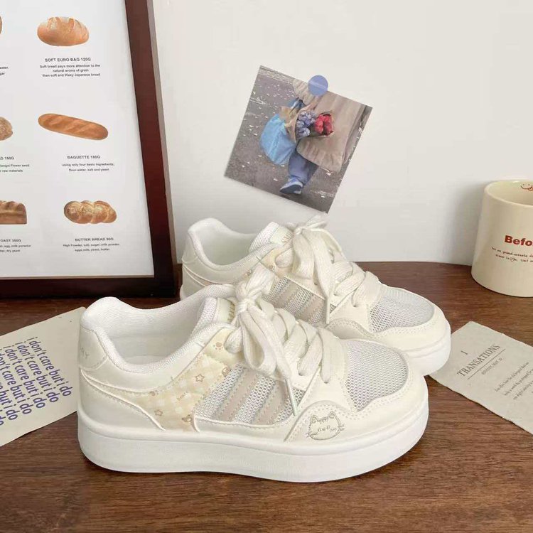 Cute Cat Design Low-Top White Shoes For Women, New Spring 2026 Collection, Versatile Fashion Casual Sneakers With Soft Sole And Unique Stylish Design