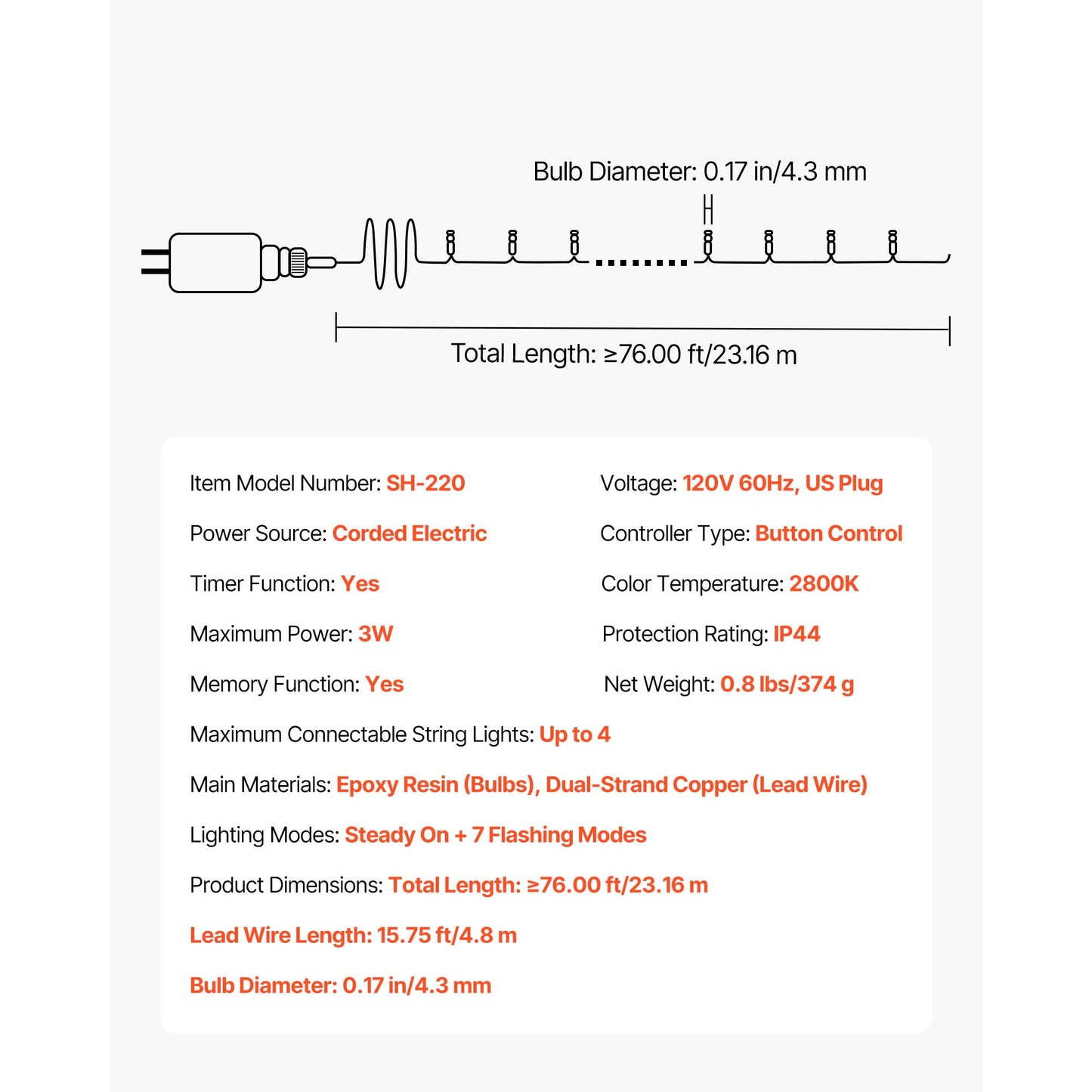 LED Christmas String Lights, 200 LED, 76 Ft Connectable Warm