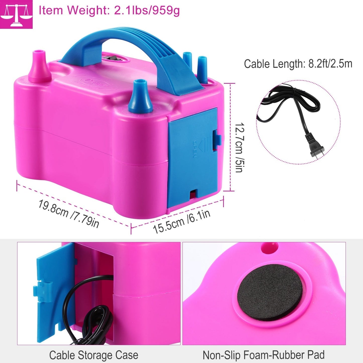 Electric Balloon Pump 600W Balloon Blower Inflator Dual Nozzle for Party Wedding Festival Decoration US/UK